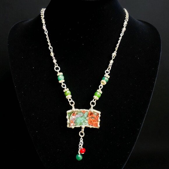 Lena Liu Hummingbird Broken China Pendant  Bezel Red & Green Quartz Necklace - Picture 8 of 15